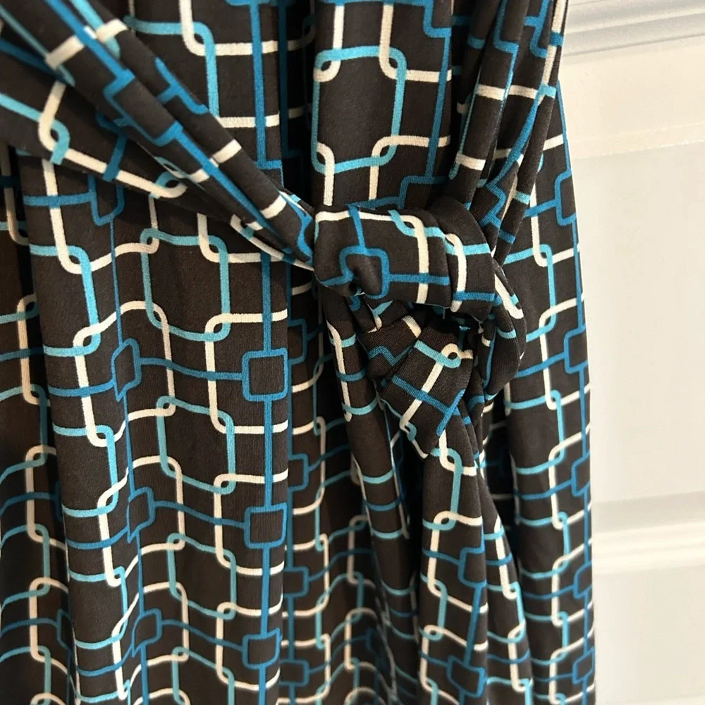 Talbots Wrap Dress Black Blue Geometric Print Size 12